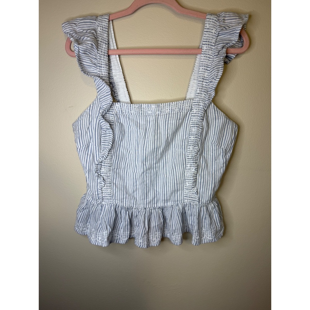 Midnight Sky Striped Peplum Tank Top Women's XL Blue White Ruffle 100% Cotton